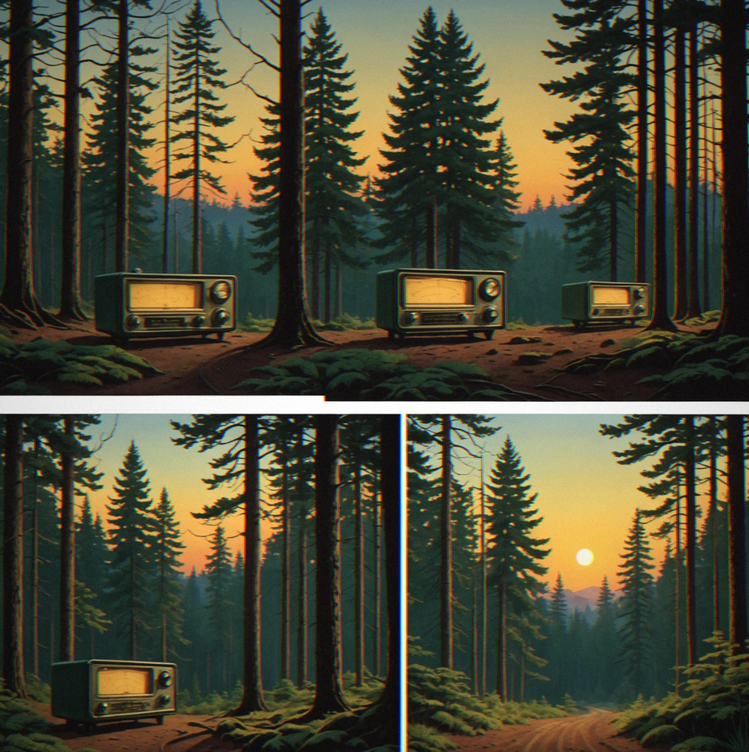 Four-panel forest sequence showing same location at dawn, noon, dusk and night with changing signal availability