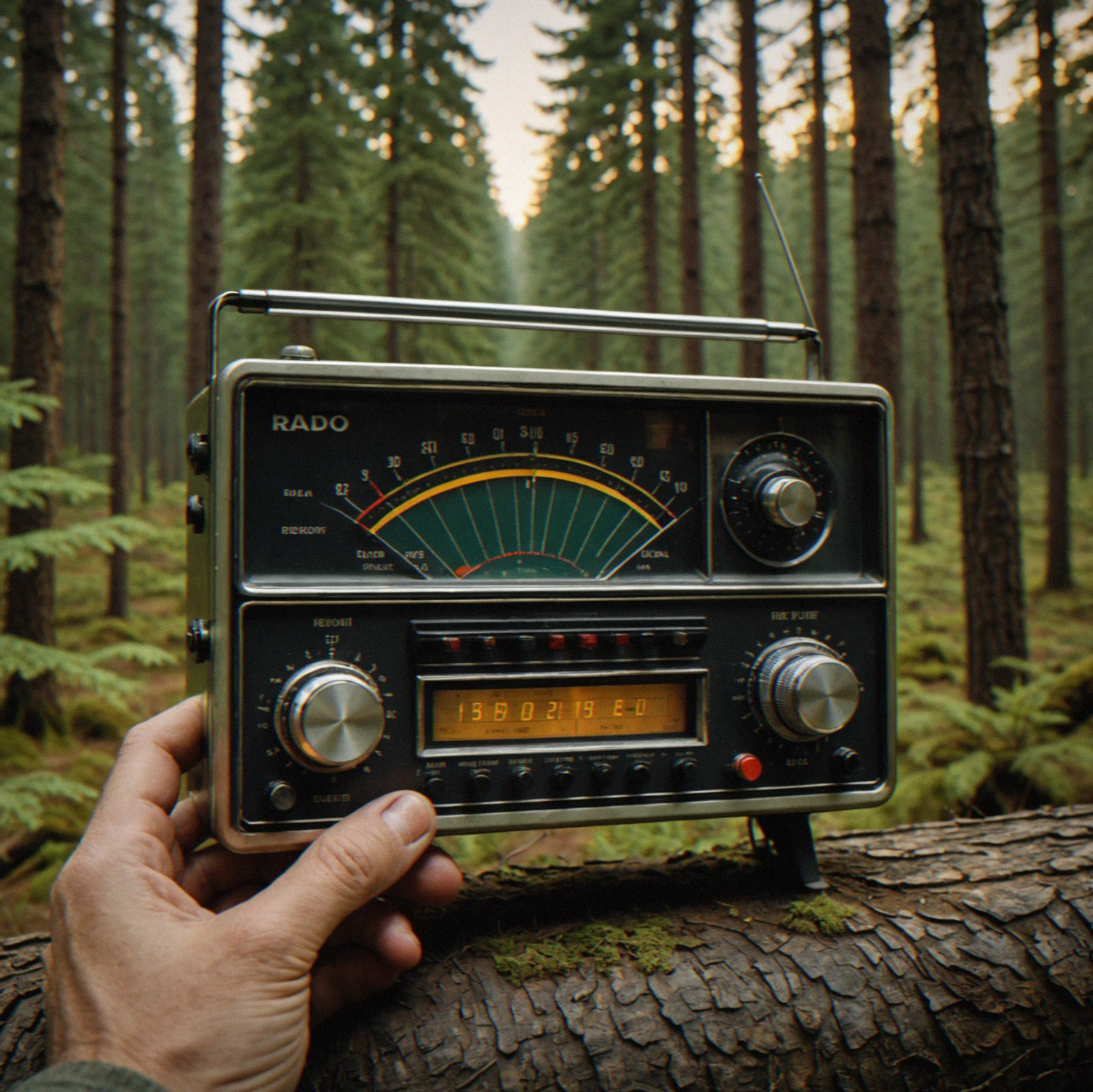 Detailed view of radio receiver controls with needle, graph Display and Frequency dial labeled