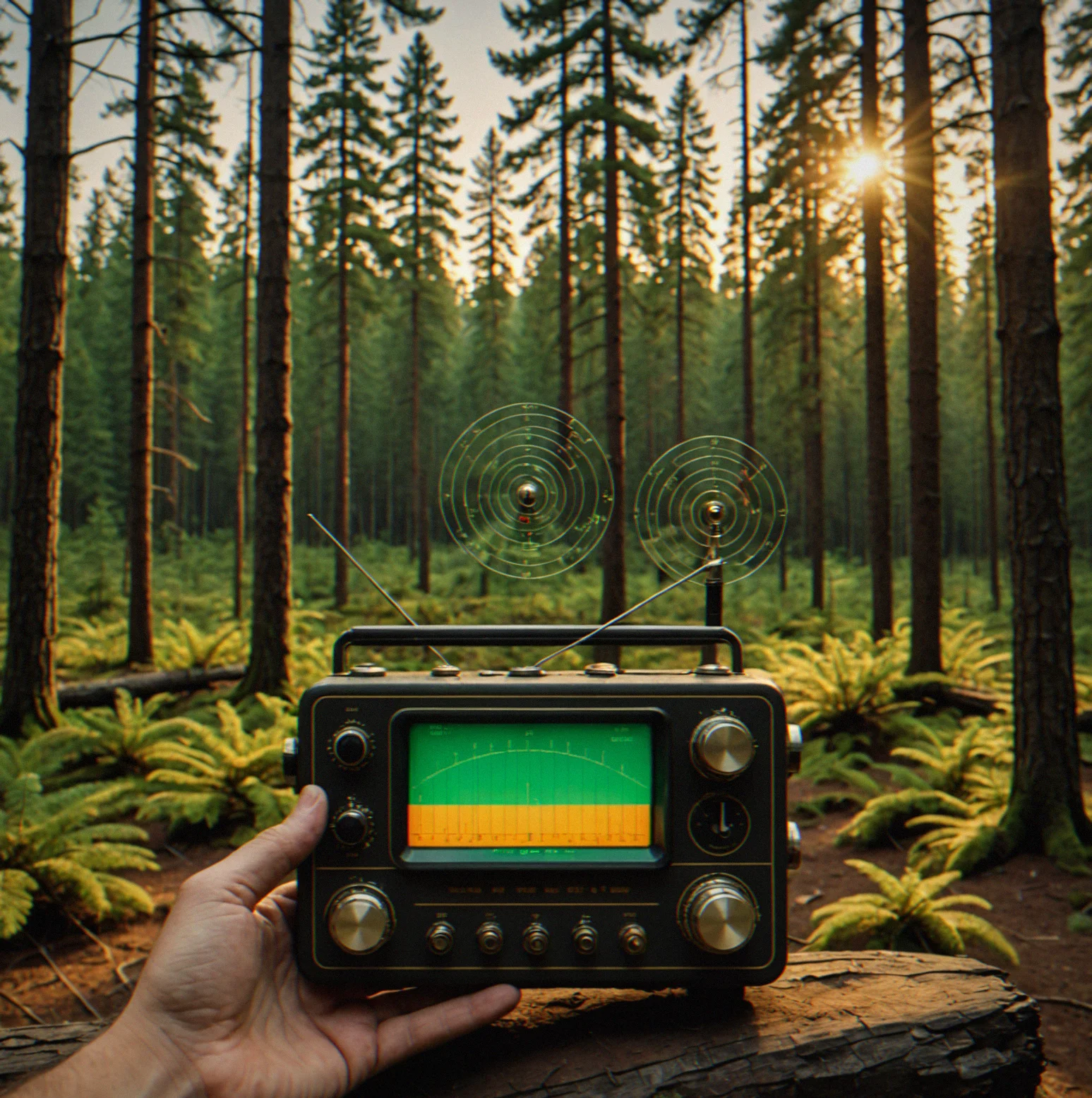 Diagram showing VLF frequency range with wavelength visualization against forest background