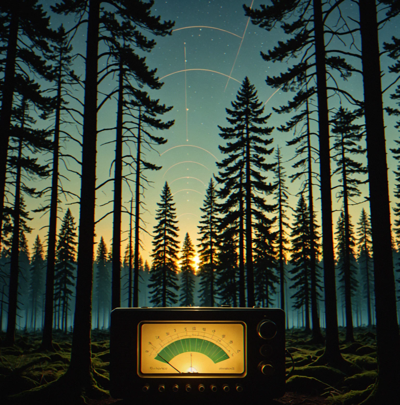 Visual representation of ELF wavelengths overlaid on forest canopy silhouette