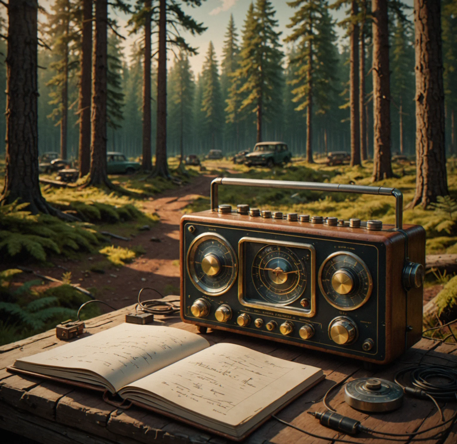 In-game notebook with hand-written frequency logs and sketched landmarks beside the radio receiver