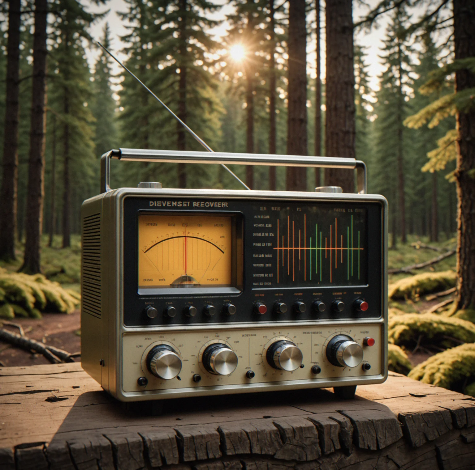 Close-up of analog radio receiver with needle deflection, bar graph display and frequency markings