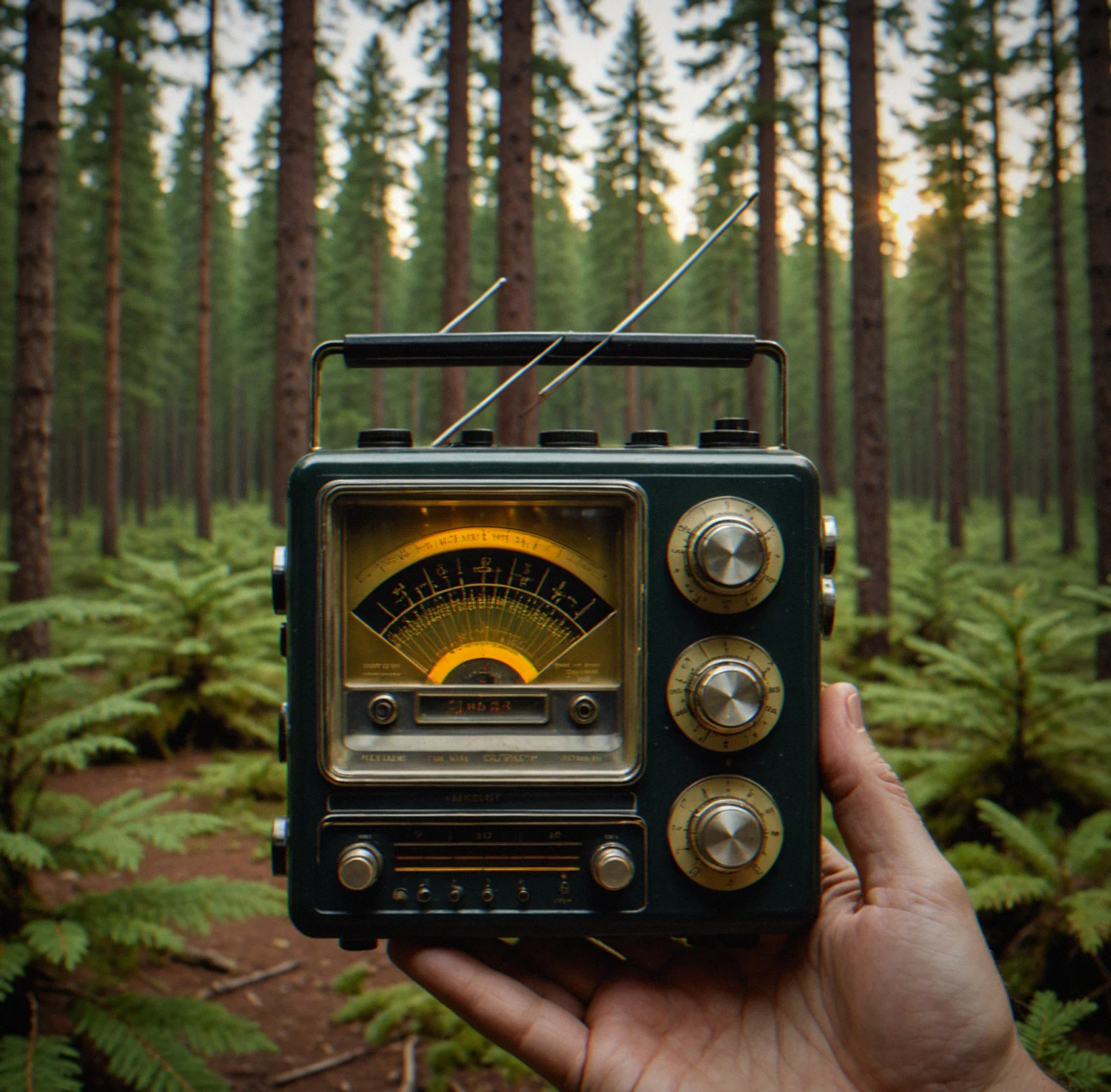 Handheld radio receiver sharp and clear while the forest canopy behind it dissolves into blur