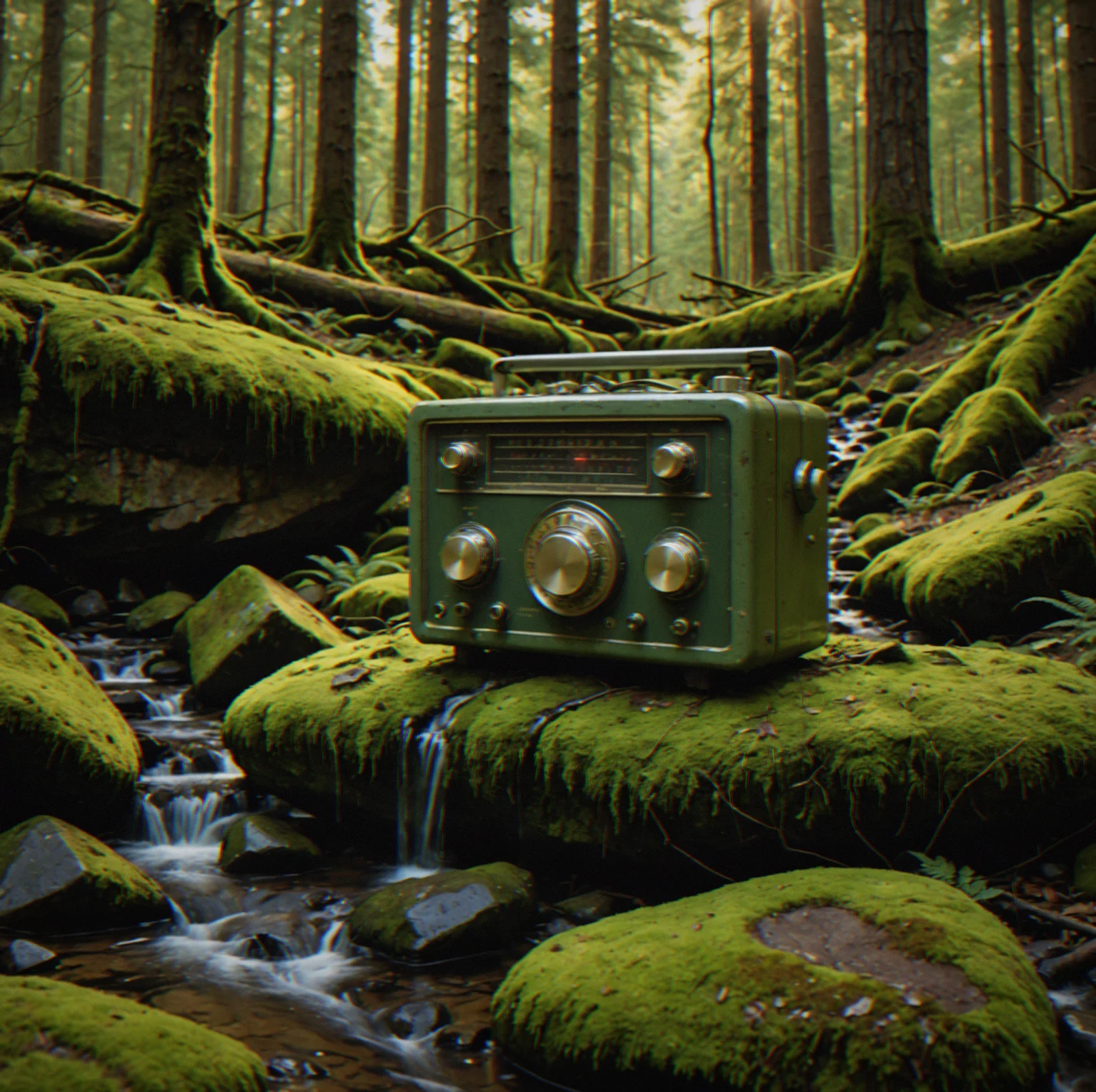 Rocks covered in moss with water trickling through a ravine, surrounded by thick undergrowth