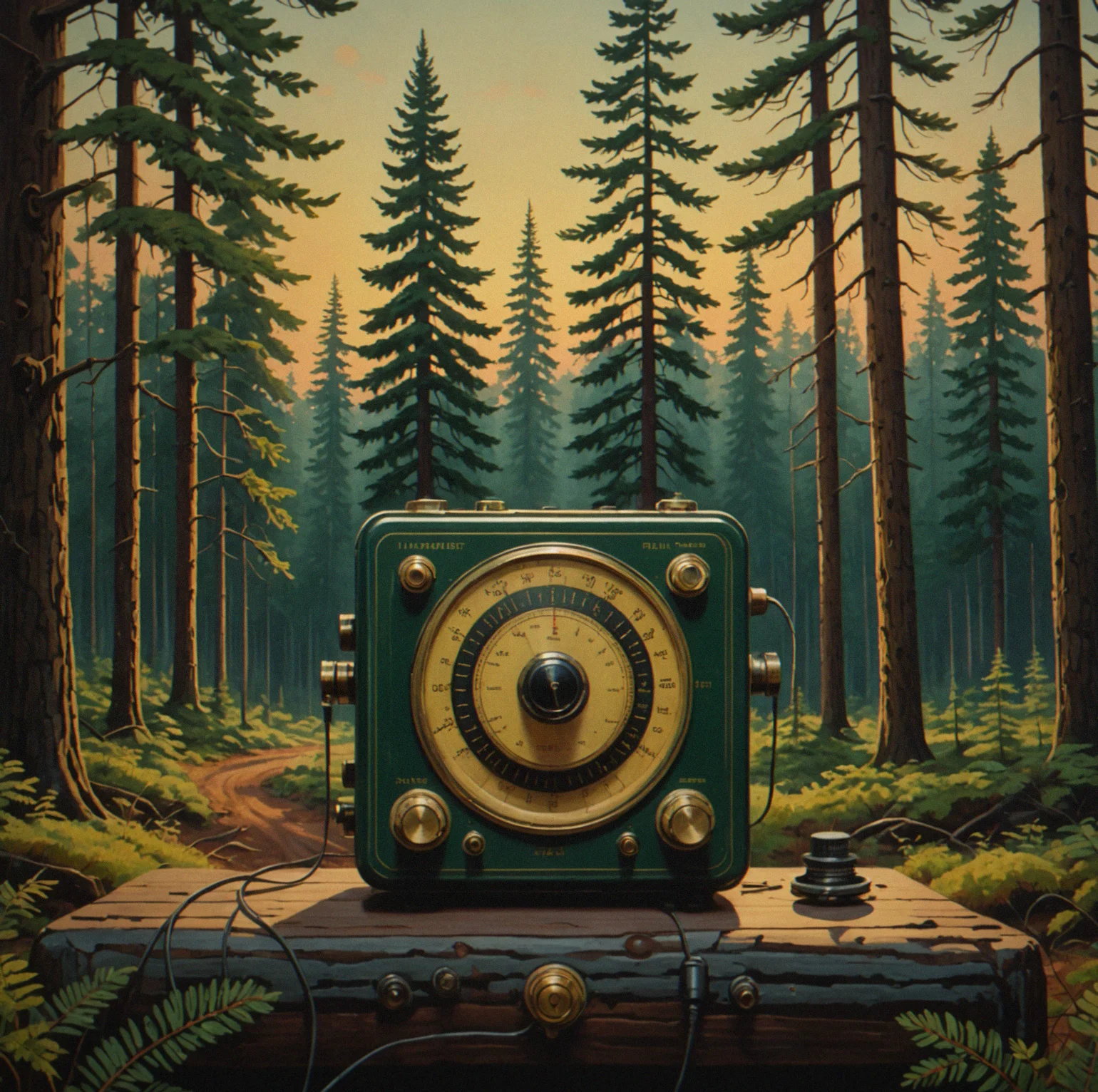 Hand-painted forest with a handheld radio receiver in the foreground, needle swinging across a frequency dial